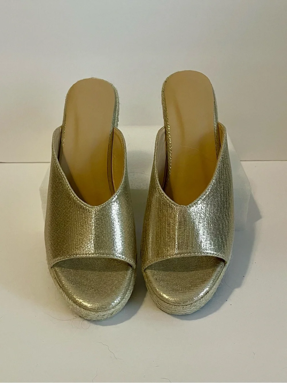 Light Gold Metallic Wedge Espadrille Sandals